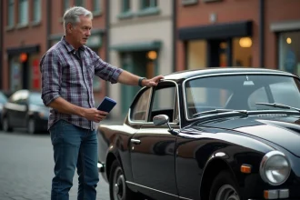 Homme d'âge moyen examine une voiture vintage noire en ville