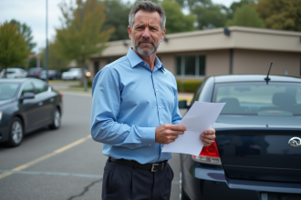 Homme d'âge moyen avec voiture en parking suburbain