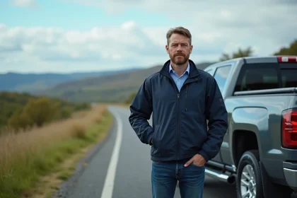 Homme confiant à côté d'un pickup 2026 en campagne