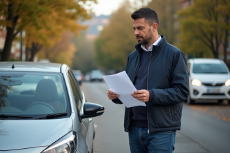 Homme d'âge moyen avec voiture en milieu urbain