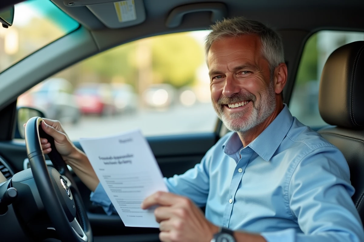 Homme souriant avec livret de code de la route dans la voiture