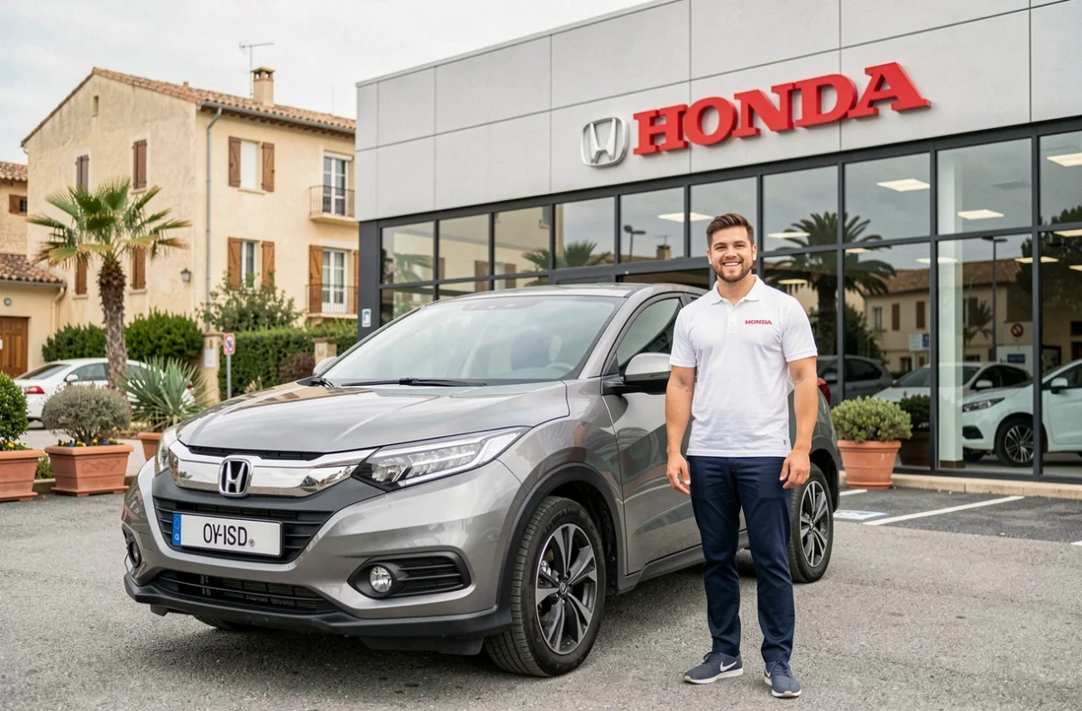 Vendeur de Honda Avignon présentant un véhicule d'occasion Honda devant la concession