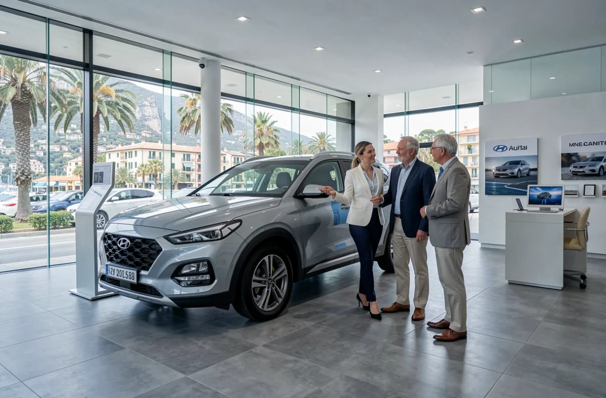 Conseillère de vente de Riviera Car Center présentant une Hyundai d'occasion sur la Côte d'Azur