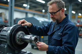 Ingénieur mécanique inspectant un système de transmission PT Drive sur un banc d'essai industriel