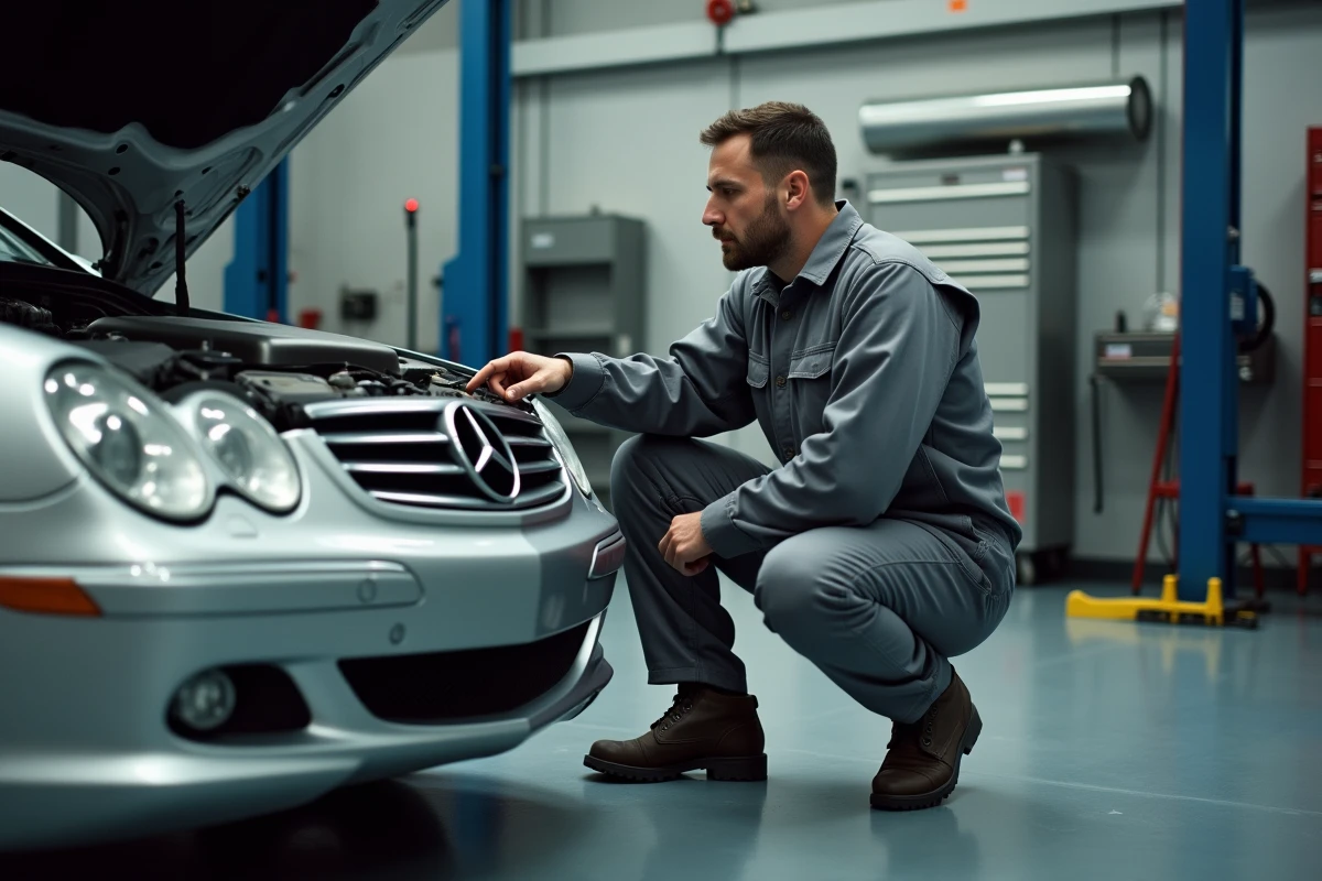 Mécanicien inspectant le moteur V12 d'une Mercedes dans un garage professionnel avant expertise