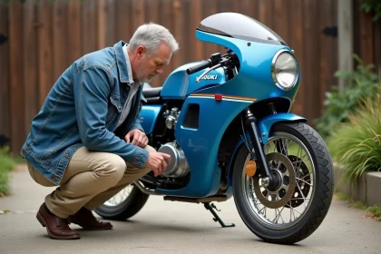 Homme inspectant une moto Suzuki 750 GT dans une cour