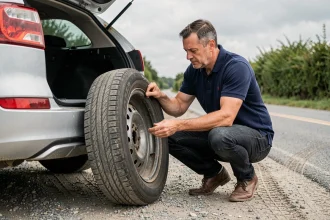 Homme inspectant une roue de secours dans le coffre d'un SUV garé sur le bord d'une route rurale