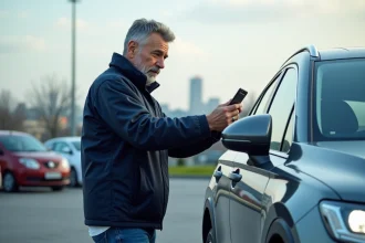 Homme inspectant le pare-brise d'une voiture en parking