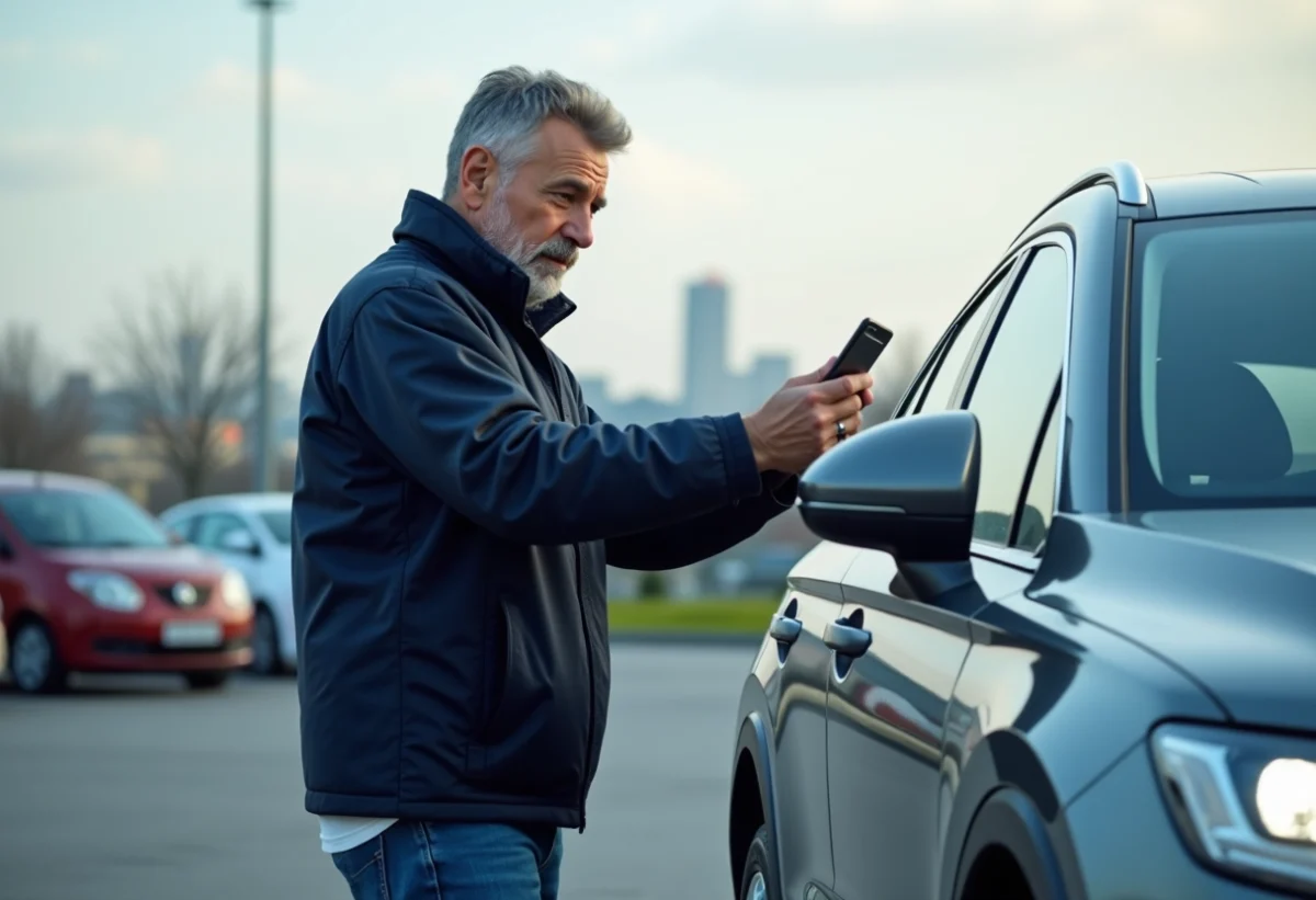 Homme inspectant le pare-brise d'une voiture en parking