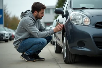 Homme inspectant une voiture d'occasion essence dans un lot de concessionnaire pour petit budget