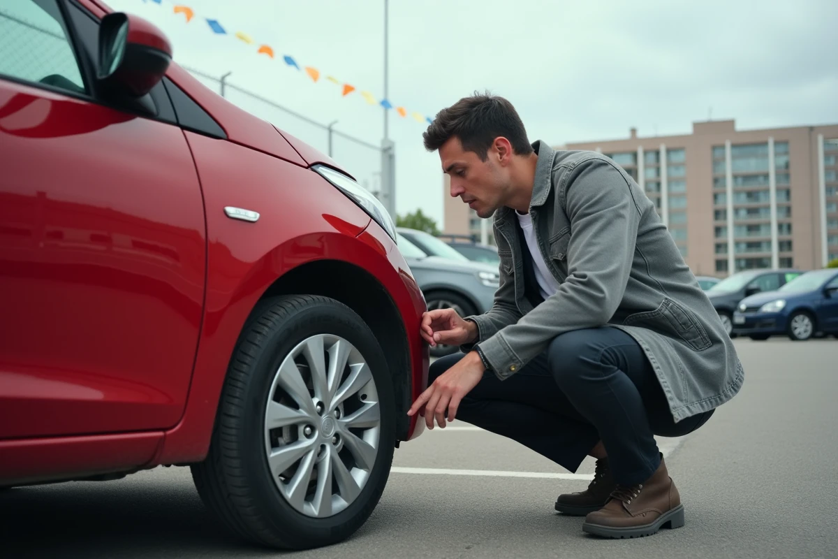 Acheteur inspectant la carrosserie d'une voiture d'occasion dans un parc automobile