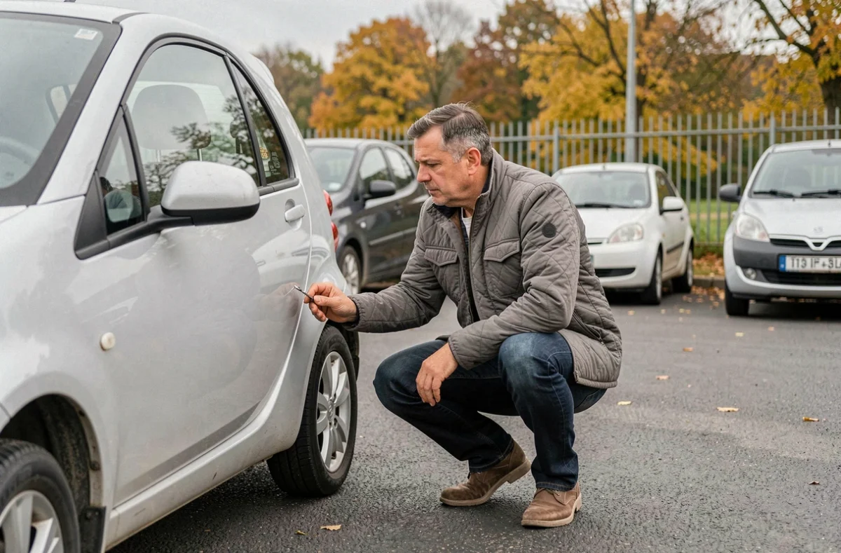 Homme inspectant une voiture sans permis d'occasion dans un lot de vente en milieu rural ardennais