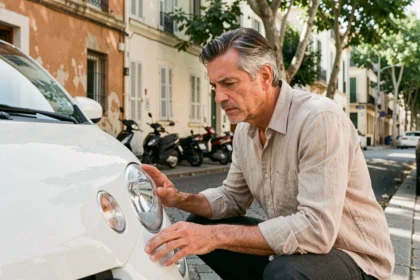 Homme inspectant une voiture sans permis d'occasion dans une rue de Marseille