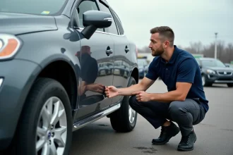 Inspecteur automobile examinant une Volvo XC60 d'occasion dans un lot de concession