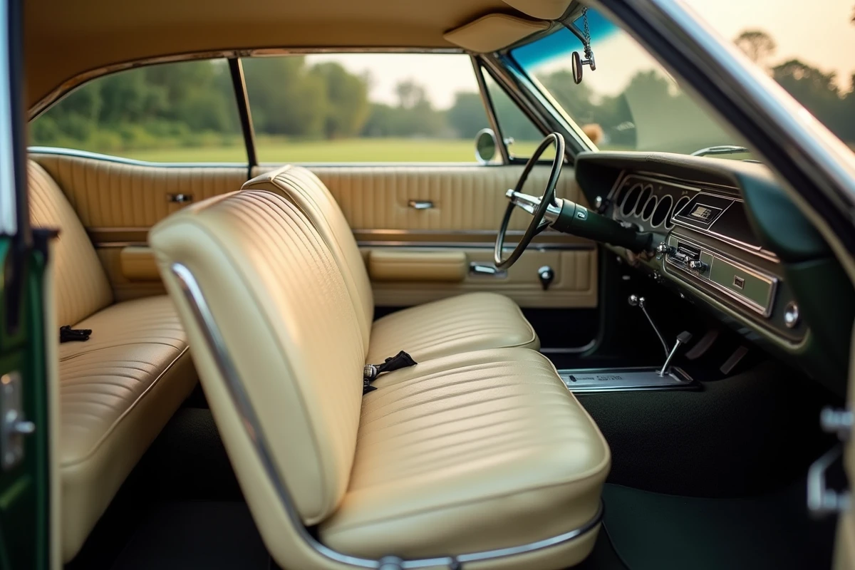Intérieur original de la Chevrolet Impala 1967, tableau de bord chromé et banquette avant en vinyle crème