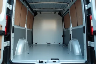 Intérieur du Renault Trafic L1H1 vu depuis les portes arrière avec cloison de séparation cabine-cargo installée