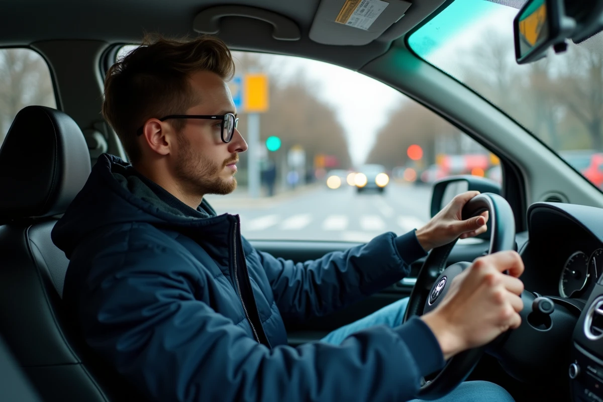 Jeune conducteur concentré au volant d'une voiture lors d'un examen pratique du permis de conduire en circulation urbaine