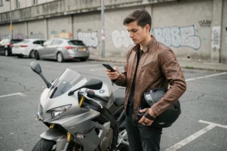 Jeune conducteur de moto consultant son smartphone pour comparer des offres d'assurance moto pas chère