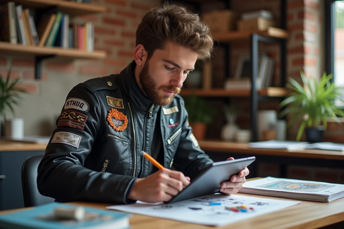 Jeune designer en moto jacket customisee en studio