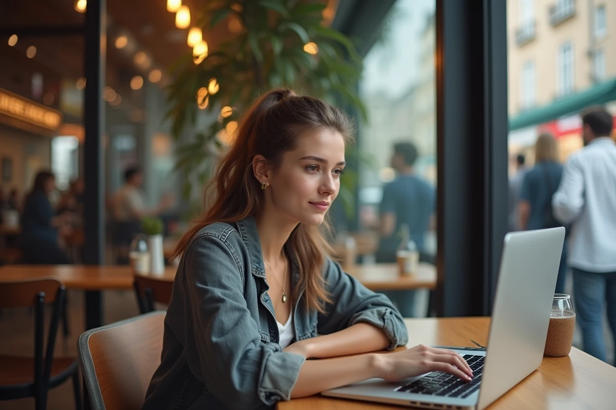 Jeune femme travaillant sur un ordinateur dans un café urbain
