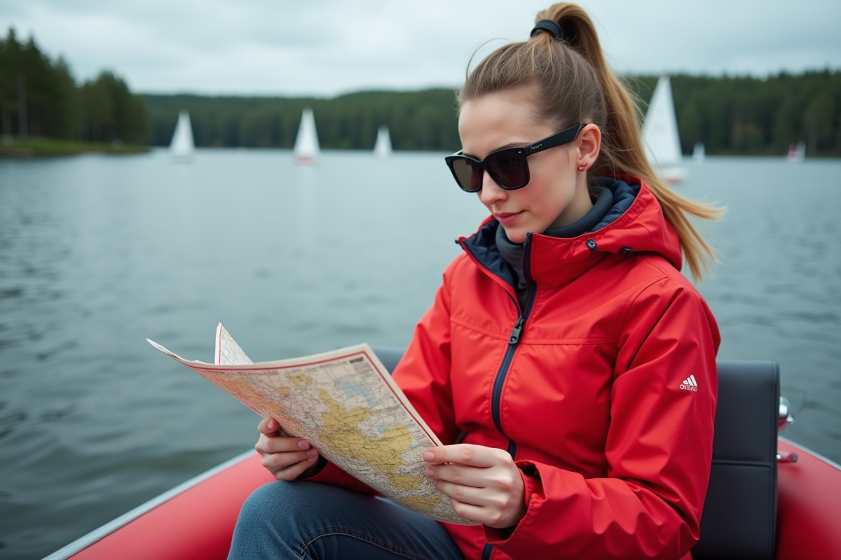 Jeune femme en bateau regardant une carte nautique