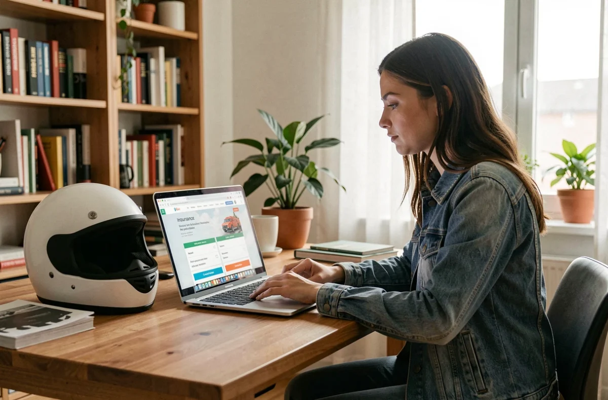 Jeune femme comparant des assurances moto pas chères sur un ordinateur portable à la maison
