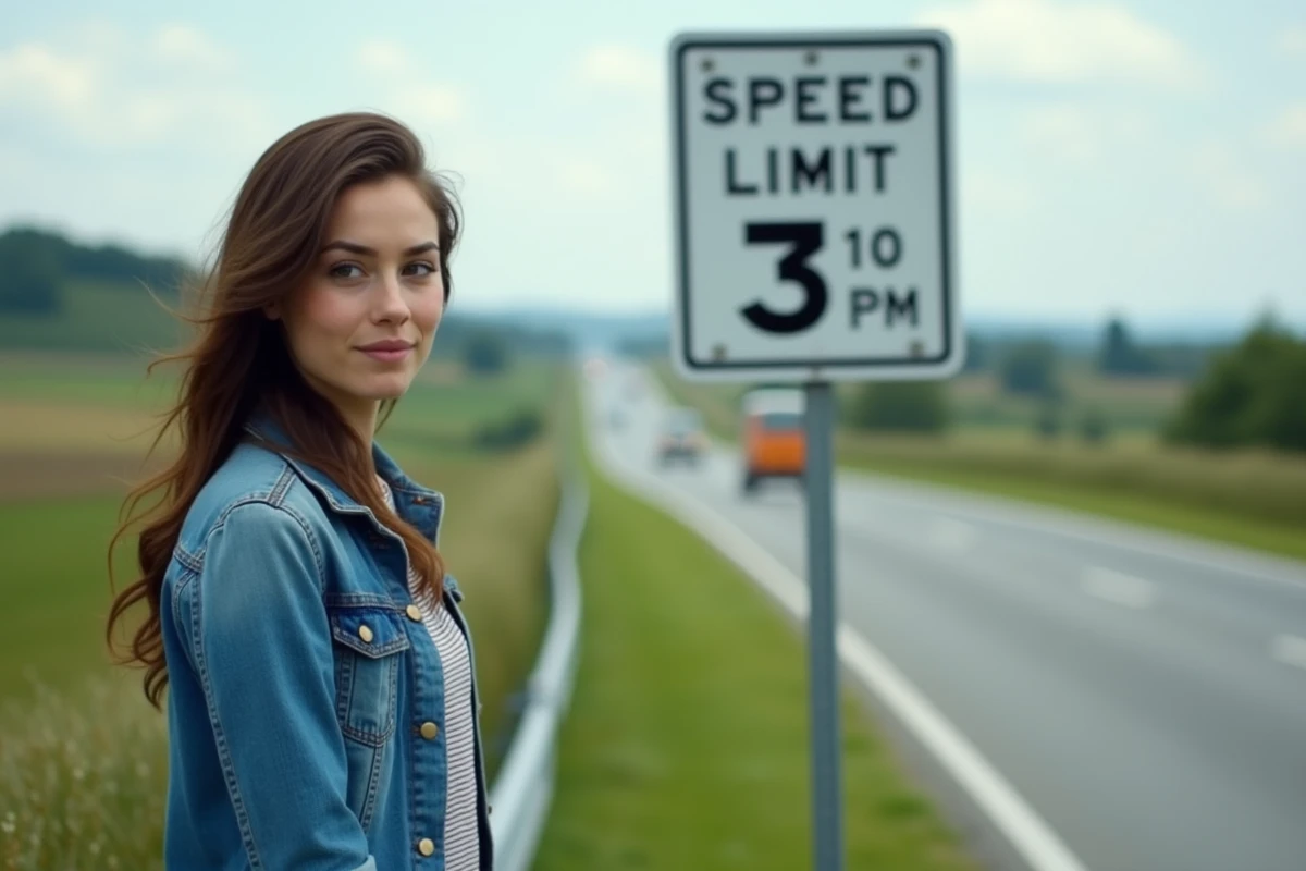 Jeune femme regardant un panneau vitesse à la campagne
