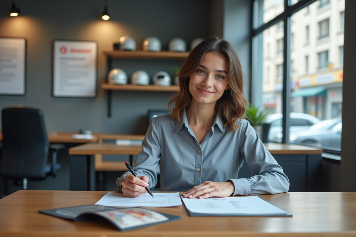 Jeune femme remplissant un formulaire dans une école de conduite