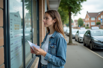 Jeune femme réfléchissant devant une auto école avec permis
