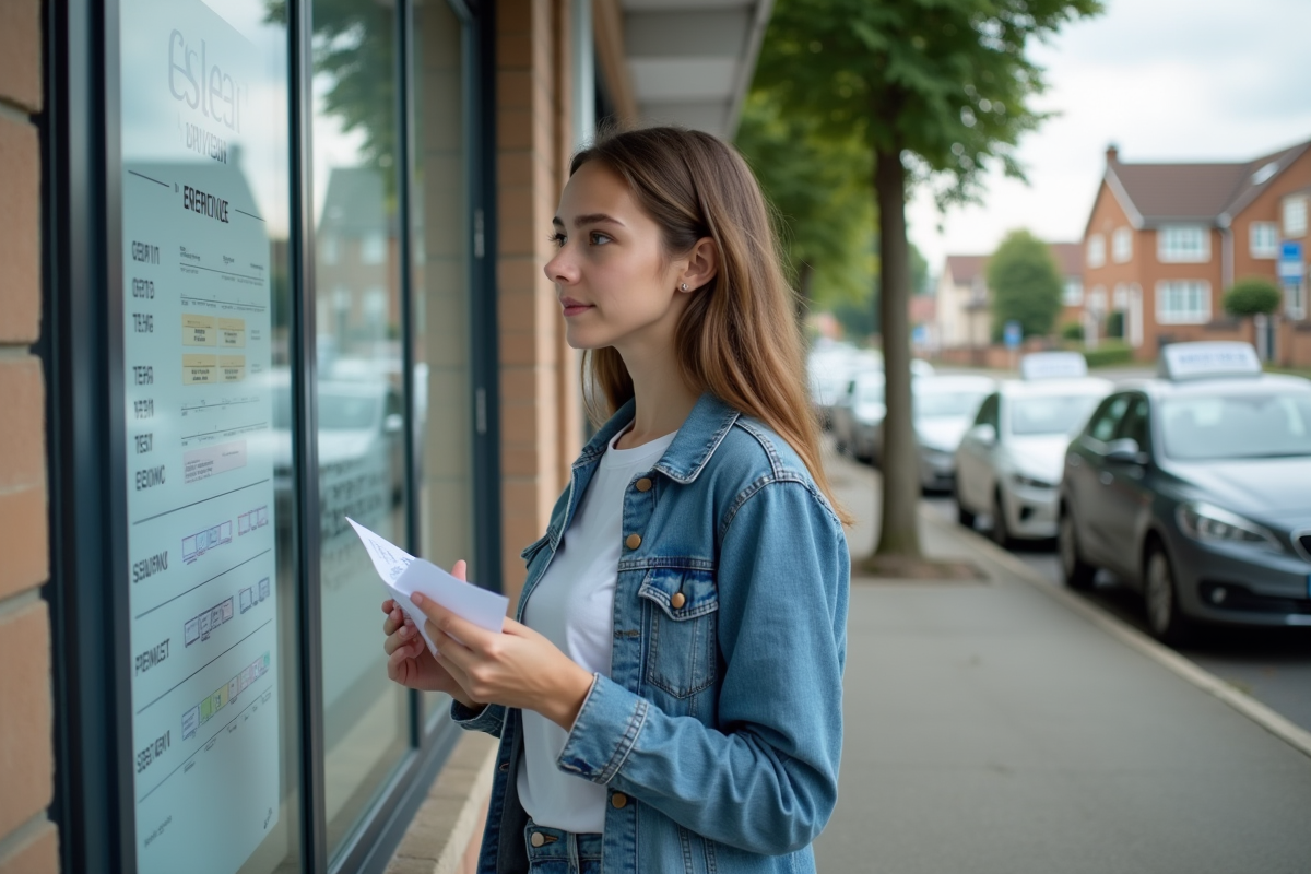 Jeune femme réfléchissant devant une auto école avec permis