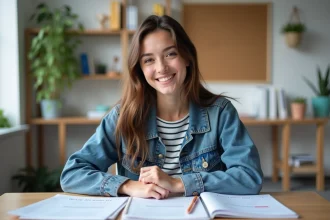 Jeune femme souriante avec permis de conduire et livres