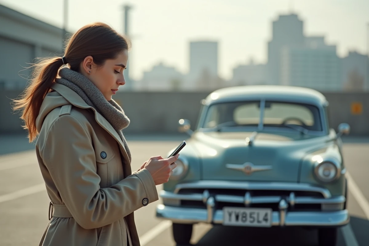 Jeune femme photographiant une plaque sur une voiture ancienne