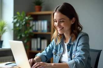 Jeune femme étudiant le code de la route sur un ordinateur portable à son bureau, entourée de fiches de révision pour le permis de conduire