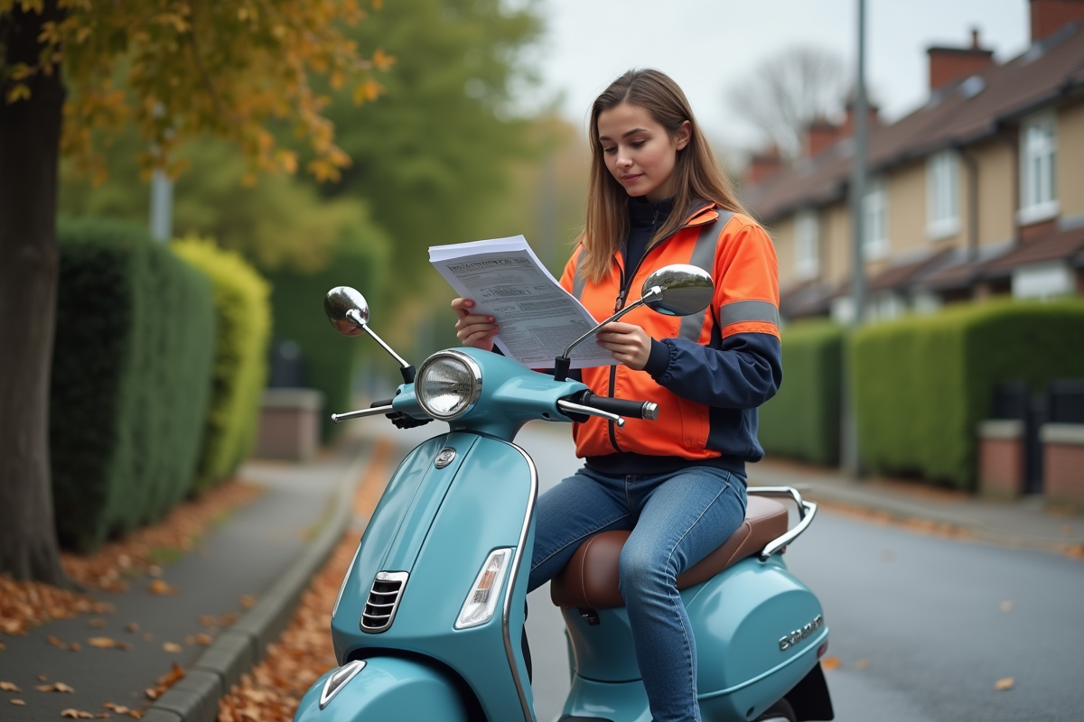 Jeune femme en jean examinant un manuel sur son scooter 125cc