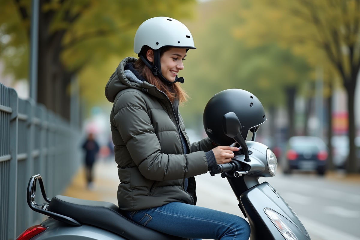 Jeune femme avec casque verrouillant son scooter en extérieur