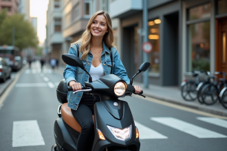 Jeune femme en denim sur scooter en ville