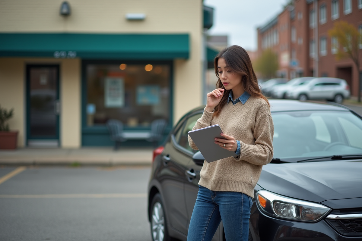 Jeune femme vérifiant son smartphone près de sa voiture d