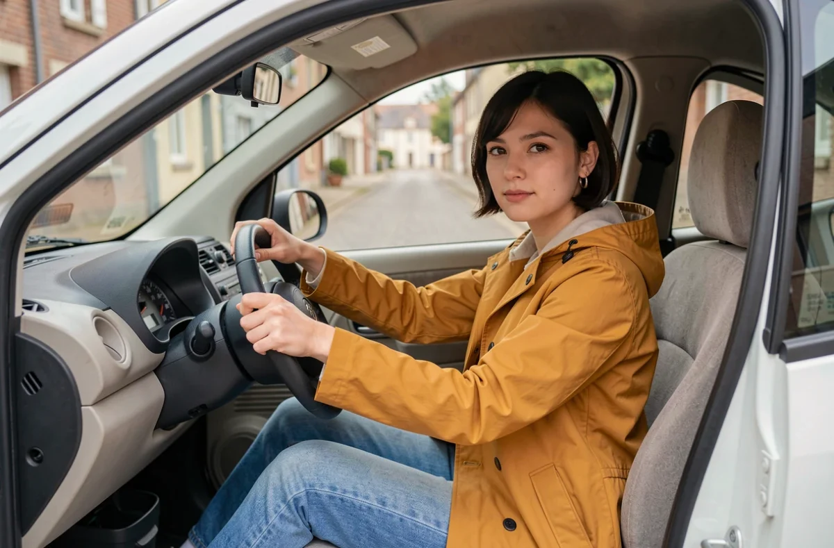 Jeune femme au volant d'une voiture sans permis d'occasion dans une rue ardennaise