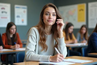 Jeune femme en classe de conduite remplissant un formulaire