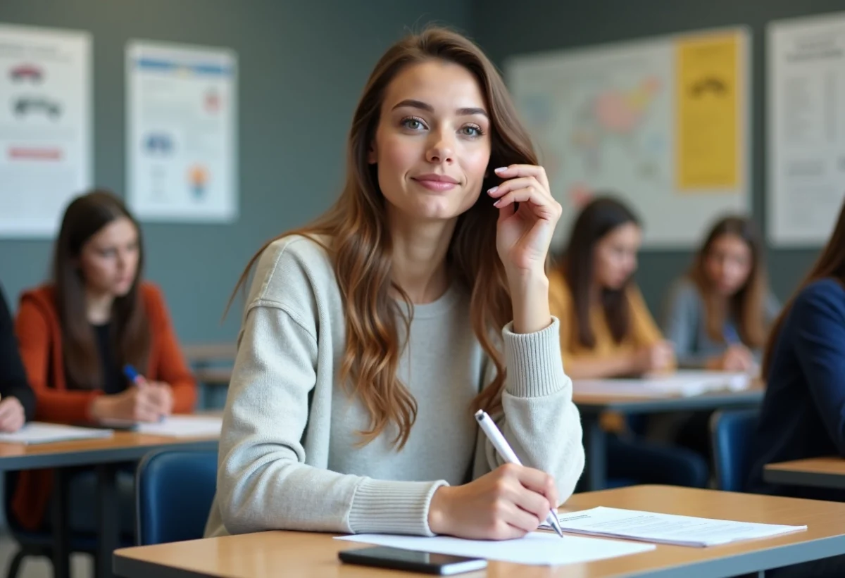 Jeune femme en classe de conduite remplissant un formulaire