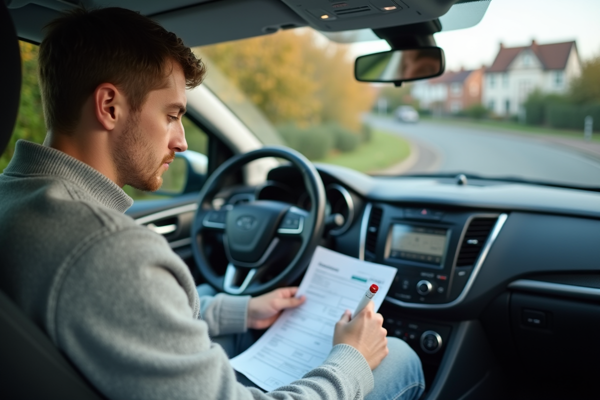 Jeune conducteur concentré écrivant un constat dans sa voiture