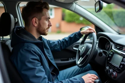 Jeune homme dans sa voiture regardant le tableau de bord
