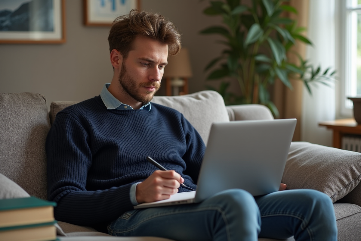 Jeune homme gérant ses finances avec un ordinateur portable