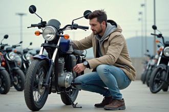 Jeune homme inspectant une moto 125cc en extérieur