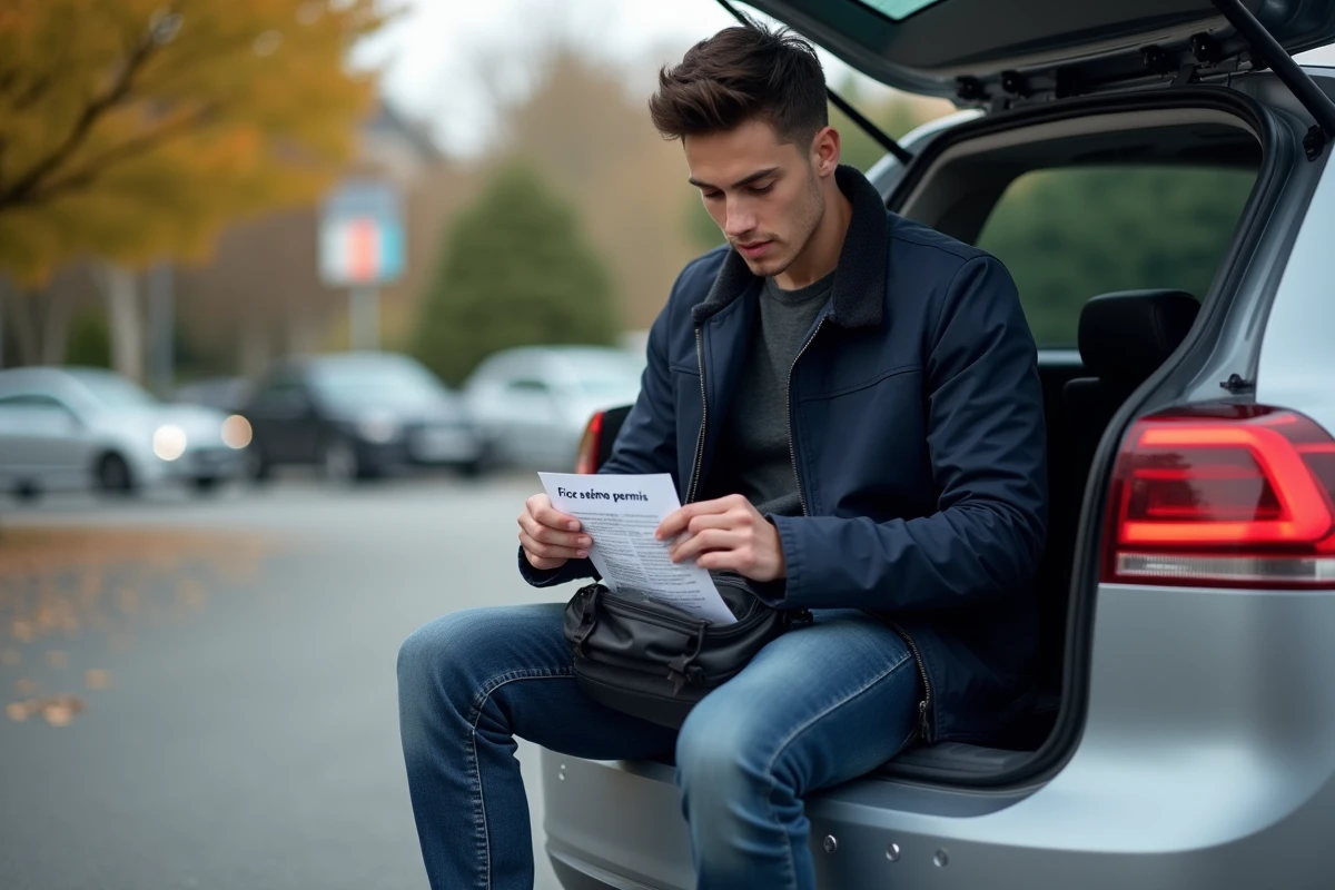 Jeune homme plaçant fiche permis dans sa voiture