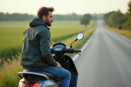 Jeune homme en moto en pleine nature contemplant le compteur