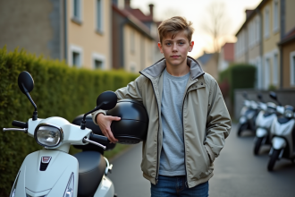 Adolescent avec casque à côté d'un scooter moderne dans un quartier
