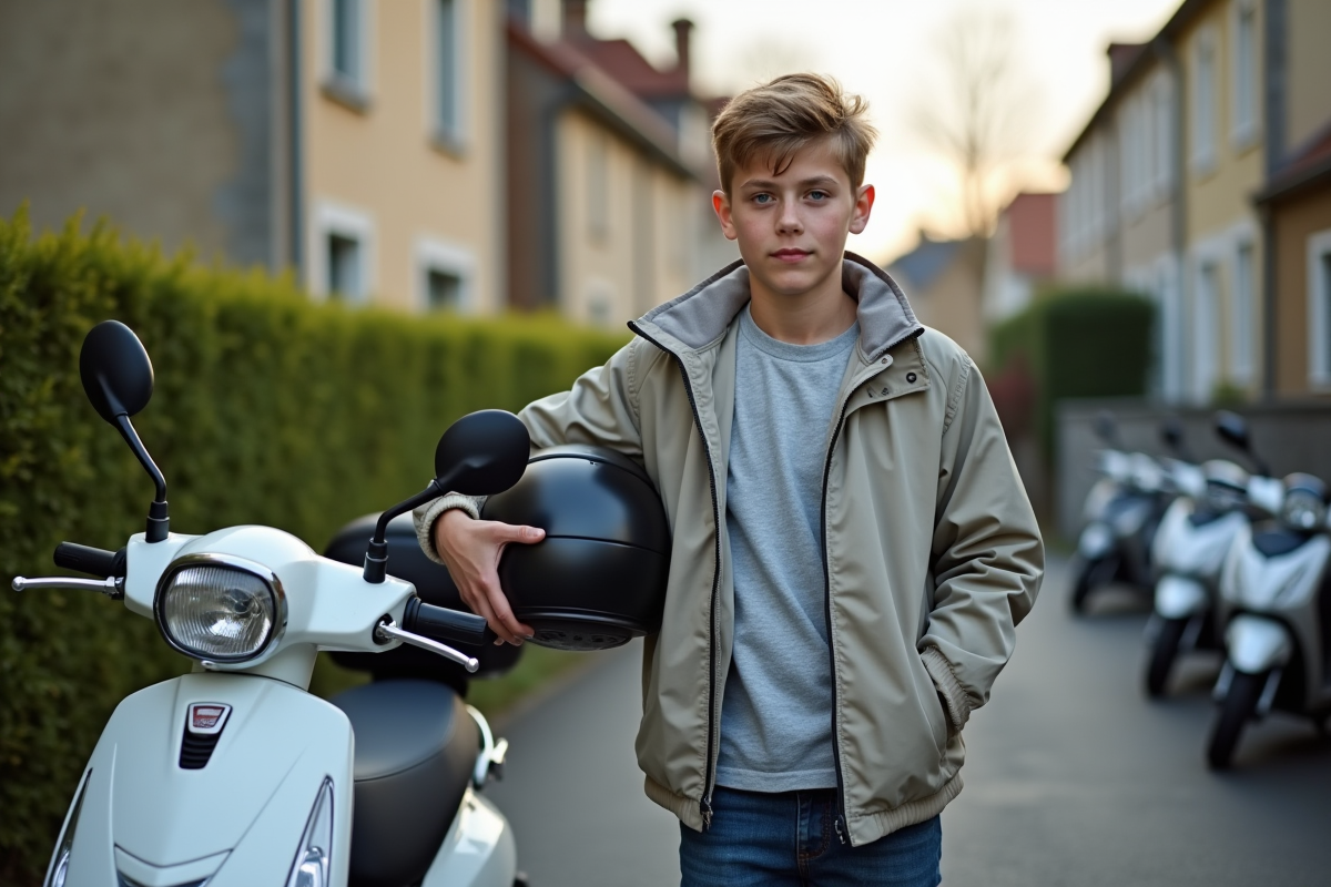 Adolescent avec casque à côté d'un scooter moderne dans un quartier