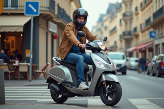 Jeune homme en scooter dans une rue parisienne animée