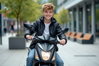 Jeune garçon souriant avec scooter 50cc en ville